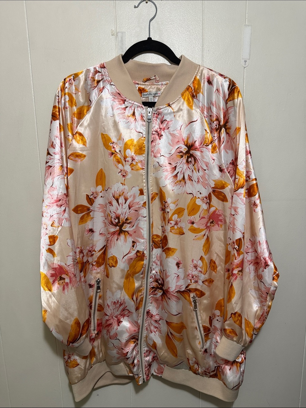 Charlotte Russe + Floral Satin Bomber Jacket - Beige/Pink